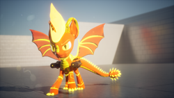Size: 3840x2160 | Tagged: safe, artist:phoenixtm, oc, oc:delta firedash, alicorn, pony, robot, robot pony, 3d, dual miniguns, high res, lens flare, looking at camera, metallic, robot dracony, scales, shiny, spread wings, unreal engine, weapon, wings