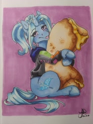 Size: 1600x2134 | Tagged: safe, artist:jocossie, trixie, g4, alternate hairstyle, babysitter trixie, clothes, food, hoodie, taco