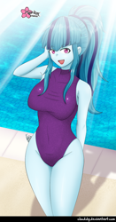 Size: 674x1284 | Tagged: safe, artist:clouddg, sonata dusk, equestria girls, g4, arm behind back, arm behind head, belly button, clothes, female, legs together, looking at you, multiple variants, one-piece swimsuit, open mouth, solo, swimming pool, swimsuit, water