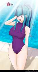 Size: 674x1284 | Tagged: safe, alternate version, artist:clouddg, sonata dusk, human, equestria girls, g4, clothes, female, human coloration, multiple variants, one-piece swimsuit, solo, swimsuit, thighs, water