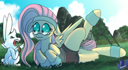 Size: 3930x2160 | Tagged: safe, artist:brainiac, derpibooru exclusive, angel bunny, fluttershy, pegasus, pony, rabbit, g4, animal, clothes, coach angel bunny, exercise, high res, rainbow dashs coaching whistle, sweatband, that bunny sure does love whistles, whistle, workout, workout outfit