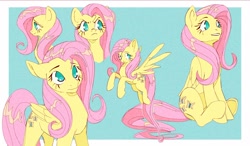Size: 2400x1400 | Tagged: safe, artist:kyaptainkiddo, artist:meow286, fluttershy, pegasus, pony, g4, bust, cute, female, mare, multeity, no pupils, portrait, shyabetes, sitting, smiling, so much flutter, solo