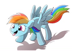Size: 1457x1032 | Tagged: safe, artist:mochi_nation, rainbow dash, pegasus, pony, g4, behaving like a dog, cute, dashabetes, feathered wings, female, mare, open mouth, simple background, solo, spread wings, tongue out, white background, wings