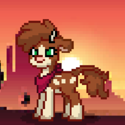 Size: 300x300 | Tagged: safe, artist:bandwidth, arizona (tfh), cow, pony, pony town, them's fightin' herds, >:), canyon, community related, female, hooves, horns, no mane, pixel art, pixelated, solo, spots, sunrise, sunset