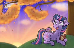 Size: 3840x2500 | Tagged: safe, artist:shinycyan, spike, twilight sparkle, dragon, pony, unicorn, g4, autumn, baby, baby dragon, baby spike, book, bookhorse, cute, ear fluff, falling leaves, female, floppy ears, happy, high res, hill, leaves, lying down, male, spikabetes, sunset, tree, twiabetes, unicorn twilight, younger