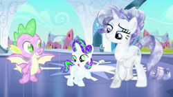 Size: 1280x720 | Tagged: safe, artist:mlplary6, rarity, spike, oc, oc:pearl, crystal pony, dracony, dragon, hybrid, pony, g4, crystal empire, crystallized, family, female, interspecies offspring, male, offspring, parent:rarity, parent:spike, parents:sparity, ship:sparity, shipping, straight, trio, winged spike, wings