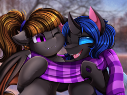 Size: 2379x1783 | Tagged: safe, artist:pridark, oc, oc only, oc:mythic dawn, oc:swift dawn, bat pony, changeling, pony, bat pony oc, bat wings, blue changeling, blue eyes, blurry background, brother and sister, bust, changeling oc, clothes, commission, cute, cute little fangs, duo, eyebrows, eyebrows visible through hair, fangs, female, looking at each other, male, open mouth, portrait, purple eyes, scarf, shared clothing, shared scarf, sibling bonding, siblings, smiling, wings
