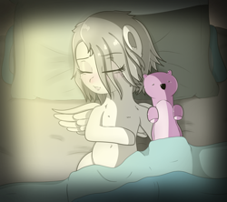 Size: 1500x1333 | Tagged: safe, artist:undisputed, oc, oc only, oc:furi cloud, marmot, pegasus, pony, bed, bed mane, bedsheets, eyes closed, fanfic, fanfic art, female, filly, hoof on belly, plushie, sleeping, solo