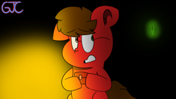 Size: 800x450 | Tagged: safe, artist:gjcgamings, oc, oc only, oc:gio the red horse, pony, darkness, eye glow, mario's music box, music box, scared, solo
