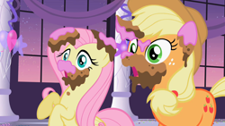 Size: 1280x720 | Tagged: safe, screencap, applejack, fluttershy, pegasus, pony, g4, sweet and elite, balloon, cake, cake in hair, cake on ear, cake on face, canterlot, covered in cake, duo, duo focus, food, open mouth, raised hooves, shocked, shocked expression