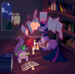 Size: 2923x2890 | Tagged: safe, artist:slowpoke, owlowiscious, spike, twilight sparkle, bird, dragon, owl, pony, unicorn, g4, book, bookshelf, candle, comic book, crescent moon, cute, cute little fangs, digital art, digital painting, fangs, female, high res, ink, inkwell, lying down, magic, male, mare, moon, night, night sky, open mouth, painting, pillow, power ponies comic, profile, prone, quill, reading, sky, smiling, spikabetes, stars, telekinesis, twiabetes, unicorn twilight