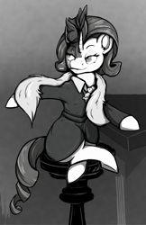 Size: 494x762 | Tagged: safe, artist:overlord pony, rarity, pony, unicorn, g4, rarity investigates, cigarette, clothes, detective rarity, dress, feather boa, grayscale, hat, monochrome, sitting, solo, stool