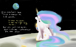 Size: 3840x2400 | Tagged: safe, artist:skydreams, princess celestia, oc, oc:skydreams, alicorn, pony, unicorn, g4, bad end, crying, dialogue, female, high res, holding a pony, implied death, jewelry, looking up, magic, magic aura, mare, on the moon, painting, regalia
