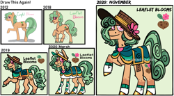 Size: 1224x677 | Tagged: safe, artist:mrraapeti, oc, oc only, oc:leaflet blooms, earth pony, pony, art evolution, clothes, female, mare, solo