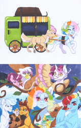 Size: 2550x4020 | Tagged: safe, artist:frozensoulpony, double diamond, dumbbell, feather bangs, gilda, rainbow dash, sugar belle, oc, oc:baby face, oc:goji, oc:hopscotch, oc:pastel sails, dog, griffon, hippogriff, pony, g4, doublebangs, dumbdash, female, gay, gildabelle, half-siblings, interspecies offspring, lesbian, magical gay spawn, magical lesbian spawn, male, offspring, parent:double diamond, parent:dumbbell, parent:feather bangs, parent:gilda, parent:rainbow dash, parent:sugar belle, parents:doublebangs, parents:doubledash, parents:dumbdash, parents:gildabelle, pet oc, shipping, straight, traditional art, wagon