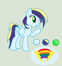Size: 1118x1185 | Tagged: safe, artist:lominicinfinity, oc, oc only, oc:lightning prism, pegasus, pony, female, mare, offspring, one eye closed, parent:rainbow dash, parent:soarin', parents:soarindash, reference sheet, simple background, solo, wink