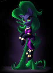Size: 2200x3000 | Tagged: safe, artist:shido-tara, mane-iac, earth pony, pony, g4, commission, commissioner:reversalmushroom, female, high res, looking at you, mare, simple background, smiling, smirk, solo, super powers