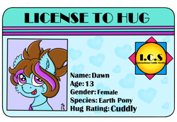 Size: 2600x1800 | Tagged: safe, artist:dawn-designs-art, oc, oc only, oc:dawn, earth pony, pony, commission, commissions open, cuddly, female, filly, hug, id card, license, license to hug, solo, text, ych example, your character here