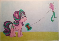 Size: 2934x2059 | Tagged: safe, artist:m0m0m4ltg3rn, starlight glimmer, pony, unicorn, g4, cute, female, glimmerbetes, glowing horn, high res, horn, kite, kite flying, mare, smiling, solo, that pony sure does love kites, traditional art