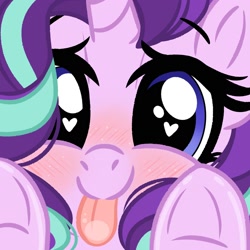 Size: 2000x2000 | Tagged: safe, artist:emberslament, part of a set, starlight glimmer, pony, unicorn, g4, :p, blushing, close-up, cute, daaaaaaaaaaaw, eyebrows, eyebrows visible through hair, female, glimmerbetes, heart eyes, high res, hnnng, licking, licking the fourth wall, looking at you, mare, smiling, smiling at you, solo, tongue out, underhoof, window licking, wingding eyes