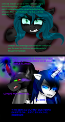 Size: 800x1500 | Tagged: safe, artist:xiolyeca, king sombra, queen chrysalis, shining armor, changeling, changeling queen, pony, umbrum, unicorn, g4, alternate universe, armor, bevor, blue sclera, chestplate, clothes, colored sclera, comic, corrupted, corrupted shining armor, criniere, croupiere, crown, crystal ball, cuirass, dark magic, fangs, fauld, female, glowing horn, gorget, green sclera, helmet, horn, jewelry, magic, male, peytral, plackart, possessed, possession, regalia, shining shadow, sombra eyes, sombra's cape, sombra's robe, spanish, tiara, translated in the comments, trio