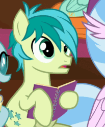 Size: 544x659 | Tagged: safe, screencap, ocellus, peppermint goldylinks, sandbar, silverstream, changedling, changeling, earth pony, hippogriff, pegasus, pony, g4, the end in friend, animated, cropped, cute, friendship student, gif, hoof on chin, male, sandabetes, smiling, solo focus, stallion