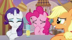 Size: 1920x1080 | Tagged: safe, screencap, applejack, pinkie pie, rarity, earth pony, pony, unicorn, g4, the last problem, eyes closed, giggling, laughing
