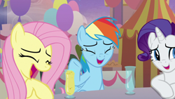 Size: 1920x1080 | Tagged: safe, screencap, fluttershy, rainbow dash, rarity, pegasus, pony, unicorn, g4, the last problem, crying, cute, dashabetes, eyes closed, laughing, laughingmares.jpg, open mouth, raribetes, shyabetes, tears of laughter