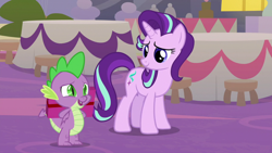 Size: 1920x1080 | Tagged: safe, screencap, spike, starlight glimmer, dragon, pony, unicorn, g4, the last problem, holding a present, male, present, winged spike, wings
