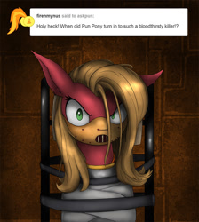 Size: 718x800 | Tagged: safe, artist:zoarvek, oc, oc only, oc:pun, earth pony, pony, ask pun, ask, bondage, hannibal lecter, muzzle, silence of the lambs, solo, straitjacket