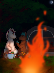 Size: 2320x3100 | Tagged: safe, artist:69beas, oc, oc:oliver, oc:theo, earth pony, pony, squirrel, campfire, colored hooves, couple, digital art, fire, food, forest, high res, male, marshmallow, night, shipping, snacks, stallion, tent