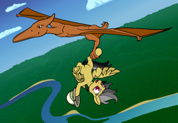 Size: 4140x2880 | Tagged: safe, artist:dacaoo, daring do, dinosaur, pegasus, pony, pterodactyl, g4, cloud, commission, hat, river, safari hat, upside down