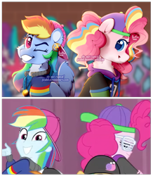 Size: 927x1065 | Tagged: safe, artist:foxklt, screencap, pinkie pie, rainbow dash, earth pony, pegasus, pony, snail, a queen of clubs, equestria girls, g4, my little pony equestria girls: better together, female, grin, mc pinkie, obtrusive watermark, one eye closed, rapper dash, rapper pie, scene interpretation, screencap reference, screenshot redraw, smiling, watermark, wink