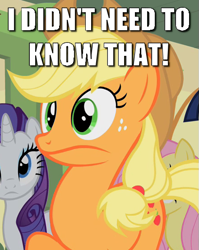 Size: 441x555 | Tagged: safe, edit, edited screencap, screencap, applejack, fluttershy, rarity, earth pony, pony, g4, over a barrel, season 1, caption, female, image macro, mare, reaction image, shocked, solo focus, text, too much information