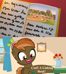 Size: 1246x1400 | Tagged: safe, artist:jan, edit, button mash, book filled adventure, g4, g4.5, my little pony: stop motion short, book, buttonbetes, cute, flower, hat, linking book, myst, playground, propeller hat, speech, speech bubble, talking, that pony sure does love computer games, vase