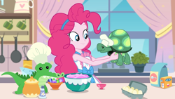 Size: 1366x768 | Tagged: safe, screencap, gummy, pinkie pie, tank, alligator, reptile, tortoise, equestria girls, g4, my little pony equestria girls: better together, the craft of cookies, apron, chef's hat, clothes, female, geode of sugar bombs, hat, headband, kitchen, magical geodes, male, plushie, sink, tank top, window