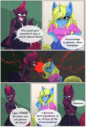 Size: 4450x6600 | Tagged: safe, artist:lilac blaze, tempest shadow, oc, oc:sassy spirits, unicorn, anthro, unguligrade anthro, comic:livestream, g4, angry, blushing, breasts, clothes, colored, comic, elbow fluff, fishnet clothing, fishnet stockings, jewelry, leather, lockers, mohawk, necklace, pearl necklace, pleated skirt, skirt, smug