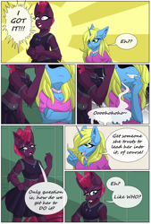 Size: 4450x6600 | Tagged: safe, artist:lilac blaze, tempest shadow, oc, oc:sassy spirits, unicorn, anthro, unguligrade anthro, comic:livestream, g4, breasts, clothes, colored, comic, elbow fluff, evil grin, fishnet clothing, fishnet stockings, grin, hand on hip, jewelry, leather, lockers, mohawk, necklace, pearl necklace, pleated skirt, skirt, smiling