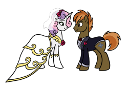 Size: 2707x1887 | Tagged: safe, artist:melspyrose, button mash, sweetie belle, earth pony, pony, unicorn, g4, bride, clothes, couple, dress, female, flower, groom, looking at each other, male, mare, marriage, older, older button mash, older sweetie belle, rose, ship:sweetiemash, shipping, simple background, stallion, straight, transparent background, wedding, wedding dress, wedding suit, wedding veil