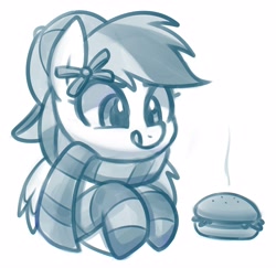 Size: 4000x3892 | Tagged: safe, artist:handgunboi, oc, oc only, oc:lucky bolt, pegasus, pony, burger, clothes, food, hamburger, hat, scarf, simple background, socks, solo, striped socks, tongue out, white background