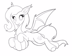 Size: 4096x3225 | Tagged: safe, artist:btbunny, fluttershy, bat pony, pony, g4, bat ponified, fangs, flutterbat, lineart, looking at you, monochrome, pumpkin, race swap, simple background, tongue out