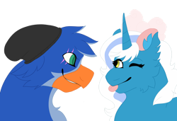 Size: 1280x873 | Tagged: safe, oc, oc:fleurbelle, oc:lord ben maza, alicorn, griffon, pony, alicorn oc, beanie hat, bow, cheek fluff, ear fluff, female, griffon oc, hair bow, horn, male, mare, one eye closed, scar, scared, shipping, shipping fuel, simple background, tongue out, transparent background, wings, wink, yellow eyes