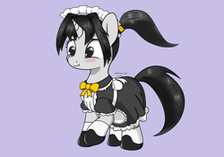 Size: 3543x2480 | Tagged: safe, artist:photon_lee, oc, oc only, oc:photon_lee, pony, unicorn, blushing, bow, clothes, female, high res, maid, mare, ponytail, purple background, raised hoof, simple background, solo, trace