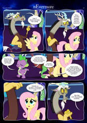Size: 3259x4607 | Tagged: safe, artist:estories, discord, fluttershy, spike, draconequus, dragon, pegasus, pony, comic:nevermore, g4, comic, nervous sweat, winged spike, wings