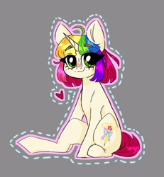 Size: 2400x2600 | Tagged: safe, artist:madkadd, oc, oc only, pony, unicorn, gray background, heart, high res, horn, multicolored hair, rainbow hair, simple background, sitting, smiling, solo, unicorn oc