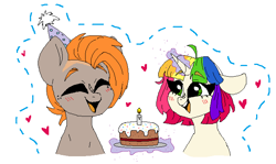Size: 684x407 | Tagged: safe, artist:madkadd, oc, oc only, earth pony, pony, unicorn, :d, birthday cake, bust, cake, duo, earth pony oc, eyes closed, food, glowing horn, hat, heart, horn, magic, multicolored hair, open mouth, party hat, rainbow hair, simple background, smiling, telekinesis, unicorn oc, white background