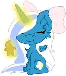 Size: 626x714 | Tagged: safe, artist:tree-tokiomoon, oc, oc only, oc:fleurbelle, alicorn, pony, alicorn oc, bow, cheek fluff, chest fluff, ear fluff, eating, eyes closed, female, floating wings, gingerbread (food), gingerbread man, hair bow, horn, magic, mare, simple background, solo, telekinesis, transparent background, wings