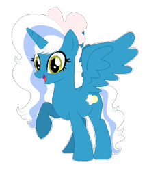 Size: 443x516 | Tagged: safe, artist:shuri-qwq, oc, oc only, oc:fleurbelle, alicorn, pony, alicorn oc, bow, female, hair bow, horn, mare, raised hoof, simple background, solo, transparent background, wings, yellow eyes