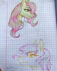 Size: 1080x1350 | Tagged: safe, artist:moona_lou, fluttershy, pegasus, pony, g4, bust, female, graph paper, lineart, mare, partial color, signature, traditional art