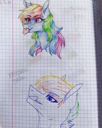 Size: 1080x1351 | Tagged: safe, artist:moona_lou, rainbow dash, pegasus, pony, g4, :p, bust, female, graph paper, licking, licking lips, lineart, mare, partial color, signature, tongue out, traditional art